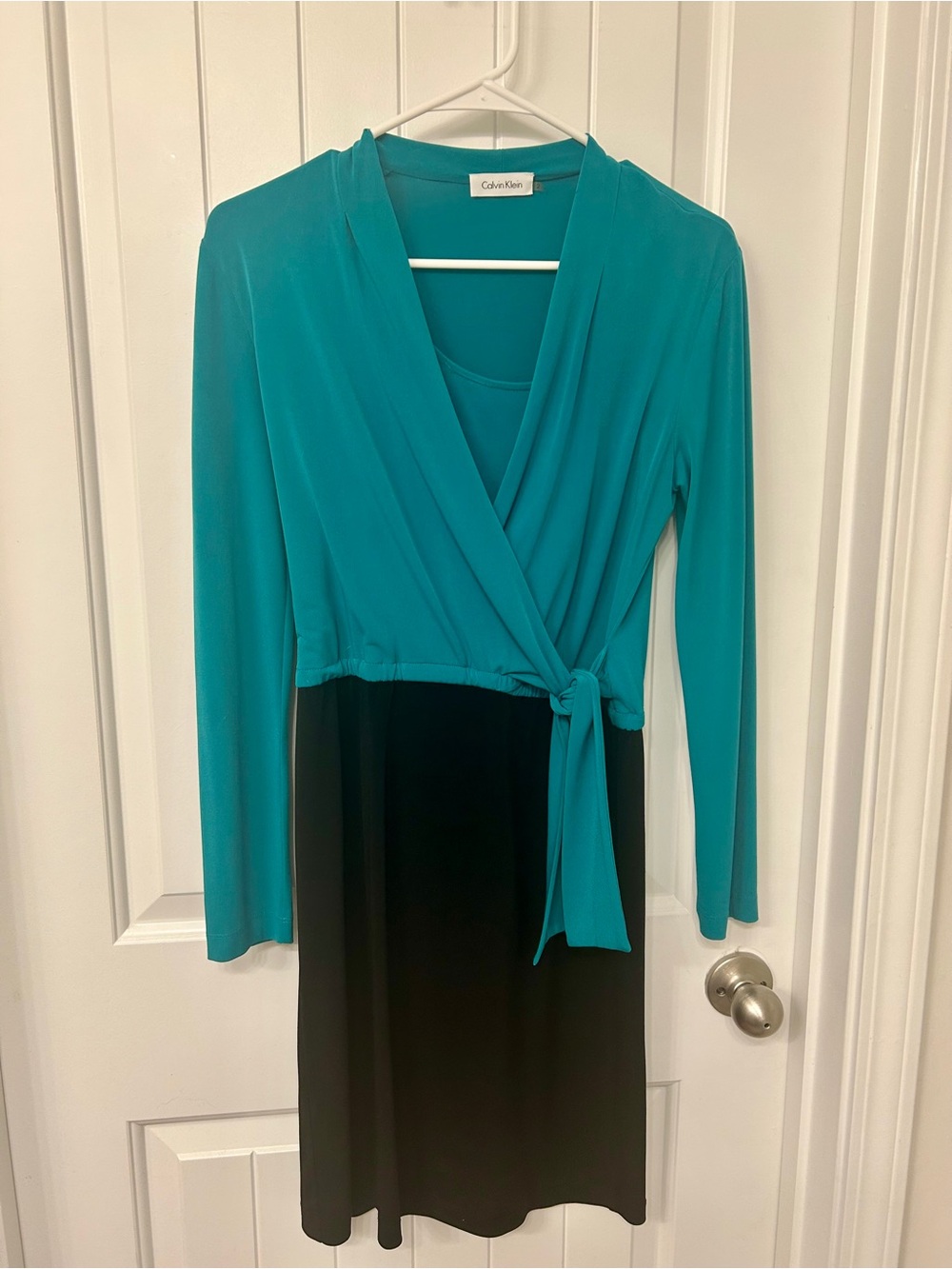 Calvin Klein Teal and Black Tie-Waist Long Sleeve Dress